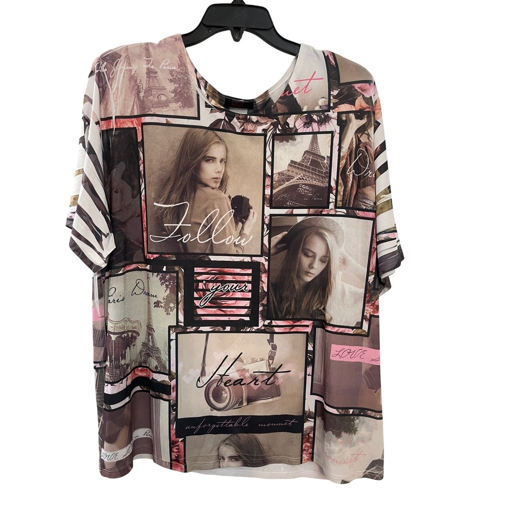 Blush Paris Photo Collage Graphic Tee‎ Shirt Multicolor Eiffel Tower Travel Top